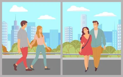 Two young couples are walking in a city park. Strolling in nature. Young Ilustración de archivo