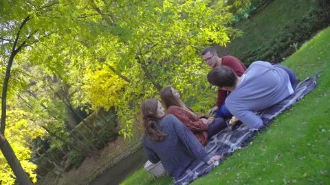 Two young couples picnicking in a fall park Video stock 118901282