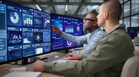 Two Young Data Analysts Looking At Financial Dashboard On Computer Screen. Stock Photos