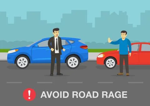 Two young drivers about to fight on the road. One driver shows stop gesture. Stock Illustration