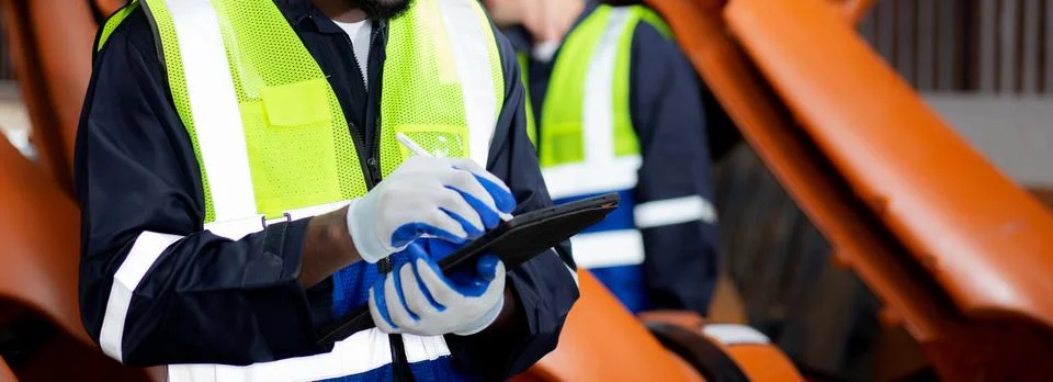 Two young engineer man checking and maintenance machine robot arms technolo.. Stock Photos