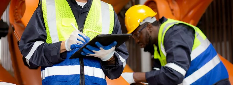Two young engineer man checking and maintenance machine robot arms technolo.. 写真素材