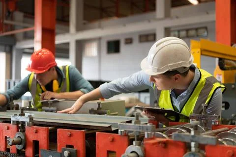Two young engineers Testing and verifying the operation of the machines fo... Stock Photos