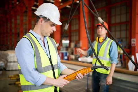 Two young engineers Testing and checking the operation of the semi gantry ... Stock Photos