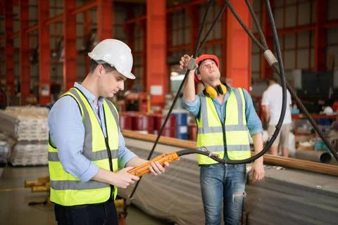 Two young engineers Testing and checking the operation of the semi gantry ... Stock Photos