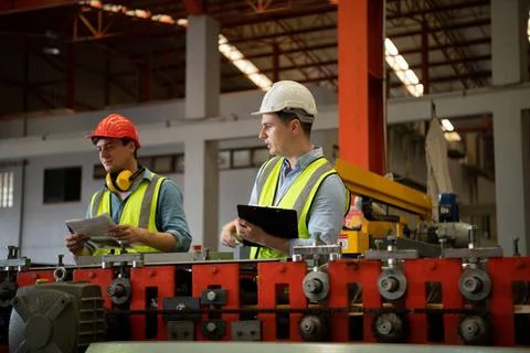 Two young engineers Testing and verifying the operation of the machines fo... Stock Photos