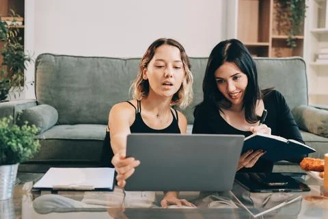 Two young female students using a laptop while sitting on a sofa at home. S.. Stockfoto's