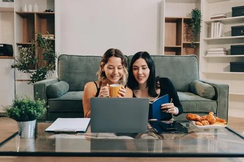Two young female students using a laptop while sitting on a sofa at home. S.. Stockfoto's