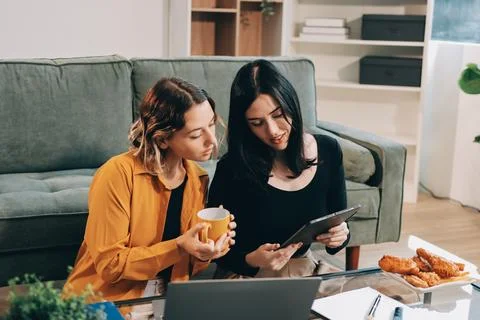 Two young female students using a laptop while sitting on a sofa at home. S.. Stockfoto's