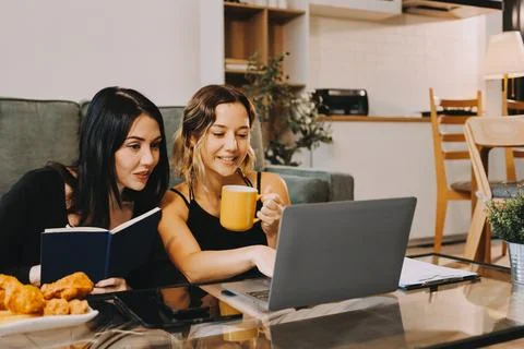 Two young female students using a laptop while sitting on a sofa at home. S.. Stock Photos