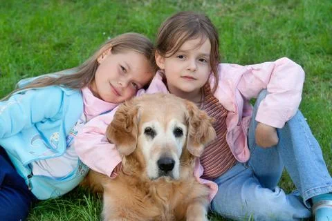 Two young girl and dog -  golden retriever Stock Photos