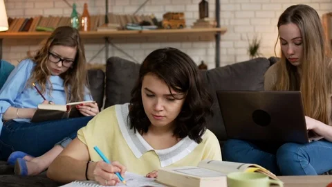 Two young girl student rejoice actively for friend while studying together at Stock Footage