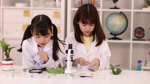 Two Young Girls in Lab Coats Conducting Science Experiments in Classroom Stock Footage 346018230