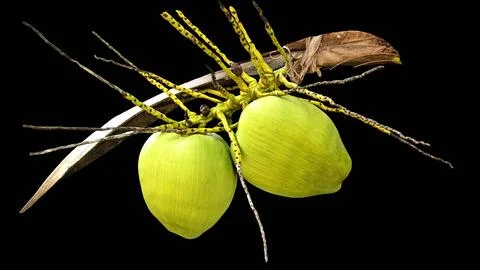 Two young green coconuts on a bunch isolated on black background. Stock Photos