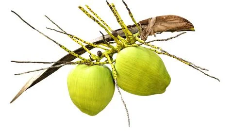 Two young green coconuts on a bunch isolated on white background. 스톡 사진