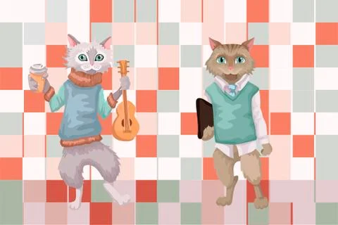 Two young guys, characters cats. The musician the creative person and a clever Illustrazione stock