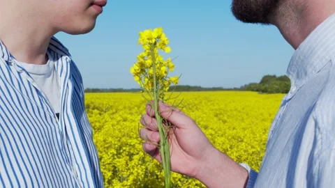 Two young guys in love stand in the field Stock Footage 132468257