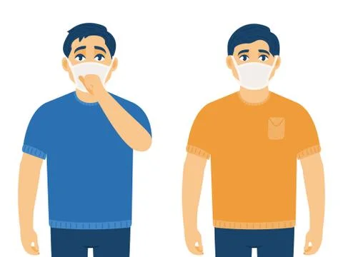 Two young guys wearing protective medical masks. Healthy and sick person. Vec Stock Illustration