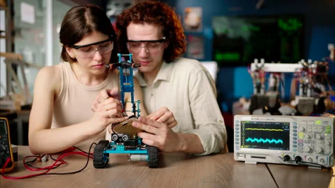 Two young happy engineers fixing a mechanical robot car in the workshop, using Stock Footage 247474939