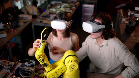 Two young happy engineers with VR virtual reality headsets fixing an yellow Stock Footage 247420329