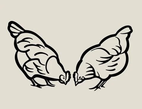 Two young hens peck at the grain. Illustration of the logo, in black and white Illustrazione stock