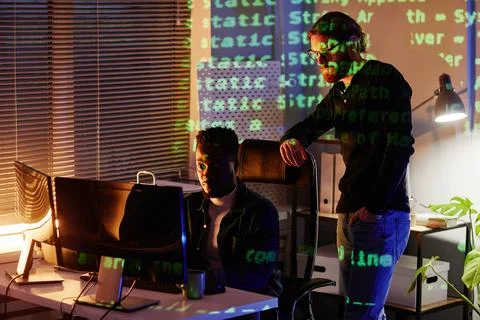 Two young intercultural program developers looking at computer screen Stock Photos