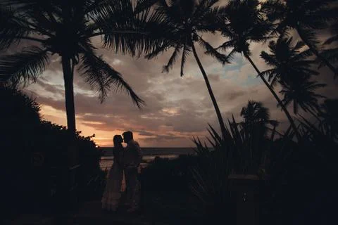 Two young lovers standing on a beach and looking to each other on sunset palm Stock Photos