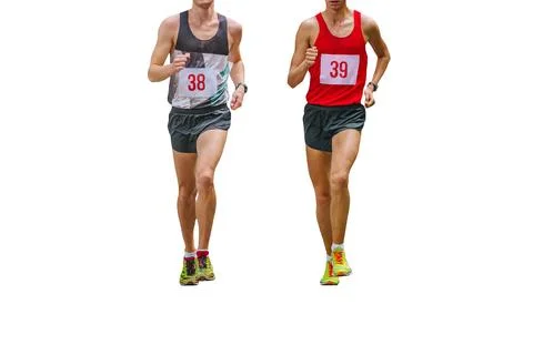 Two young male runners run marathon isolated on white background Stock Illustration