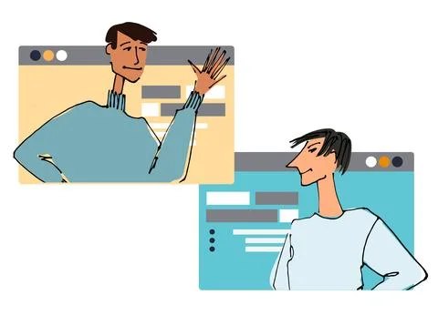 Two Young man in front of a computer screen. Flat style, isolated vector el.. Illustrazione stock