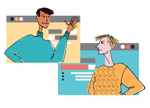 Two Young man in front of a computer screen. line illustrations, Flat style,  Stock Illustration