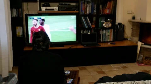 Two young man on a sofa, viewed from rear, watch a football match on a led tv Stock Footage 102231902