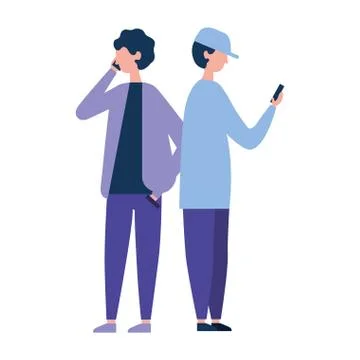 Two young man using smartphone technology Illustrazione stock