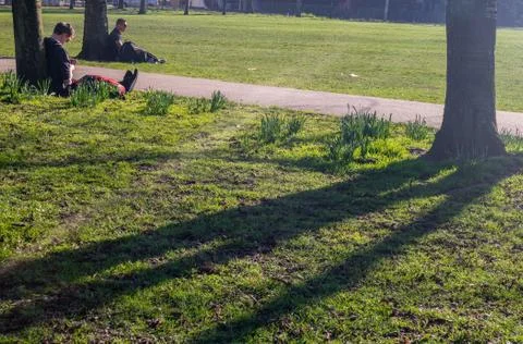 Two young mans  sit and relax on a green lawn in a park. Stock Photos