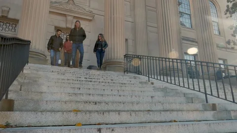 Two young men and two young women walking down library stairs Stock Footage 102853239