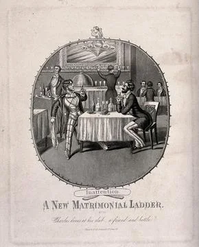 Two young men are at at dining table in a restaurant and one raises his gla.. Stock Illustration