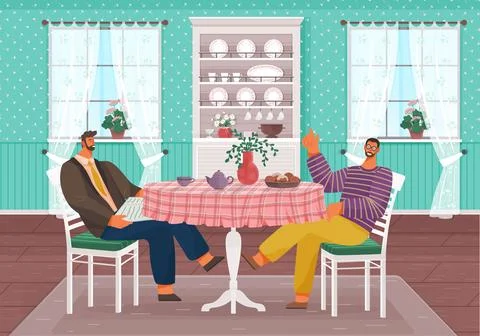 Two young men are drinking coffee and talking. Friends tea party in their k.. Illustrazione stock