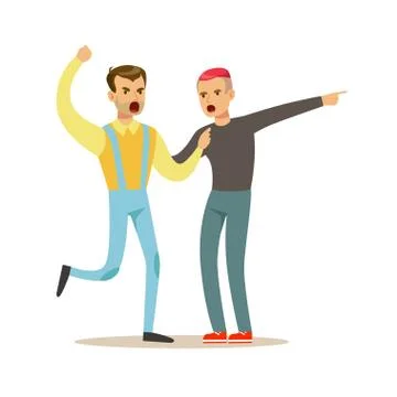 Two young men characters fighting and quarelling, negative emotions concept Stock Illustration
