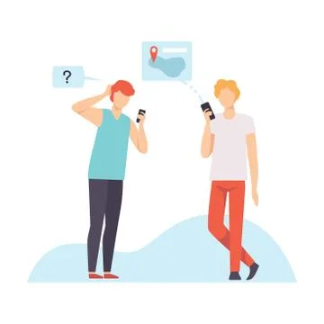 Two Young Men Communicating Using Smartphones, Guys Chatting Via Internet with イラスト素材