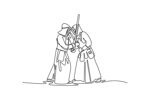 Two young men Kendo are locked in close grapple over bamboo sword Stock Illustration