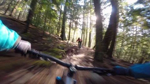 Two Young Men Mountain Biking Through A Lush Green Forest At Sunset 스톡 동영상 114500363