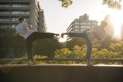 Two young men performing synchronized Taekwondo kicks at sunset Stock Photos