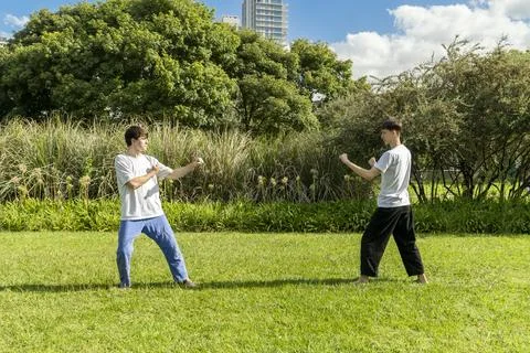 Two young men prepare to start a taekwondo fight outdoors Stock Photos