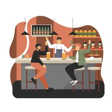 Two young men sitting at bar counter and drinking beer in cafe, pub, vector flat Illustrazione stock