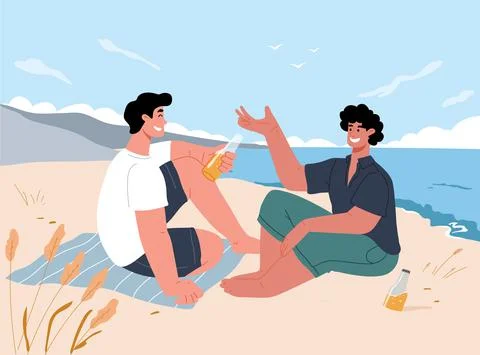 Two young men sitting on the beach in the summer, drinking beer and talking.T Stock Illustration