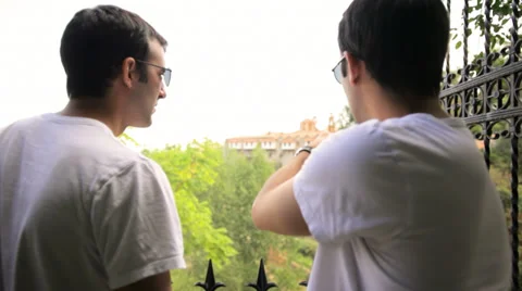 Two young men with sunglasses looking out and pointing Stock Footage 33847988