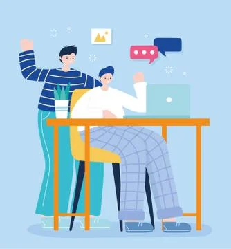 Two young men using laptop in desk, social media chat talking 스톡 일러스트