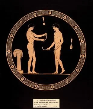 Two young men using strigils. Gouache painting. Stock Illustration