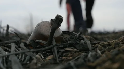 Two young men walking on a burnt ground in the woods.Tread on a glass jar. Slow Video stock 105545426