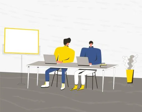 Two young men work or study together. Boys sitting at the desk and using thei Stock Illustration