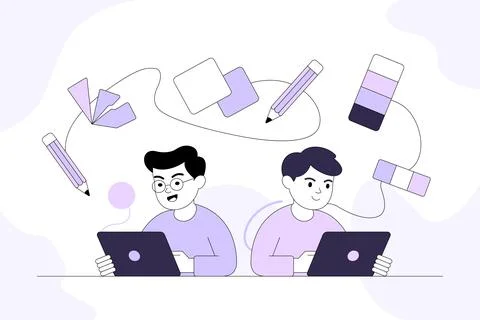 Two young men working on laptops with creative design tools floating above Stock Illustration